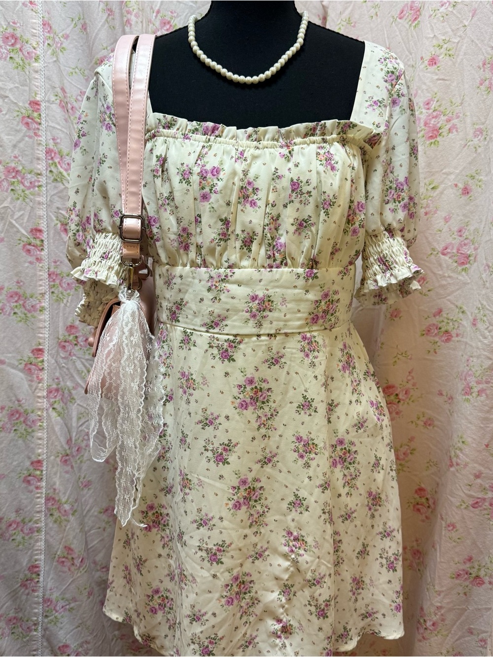 Cream Mini Dress with Pink Floral Print